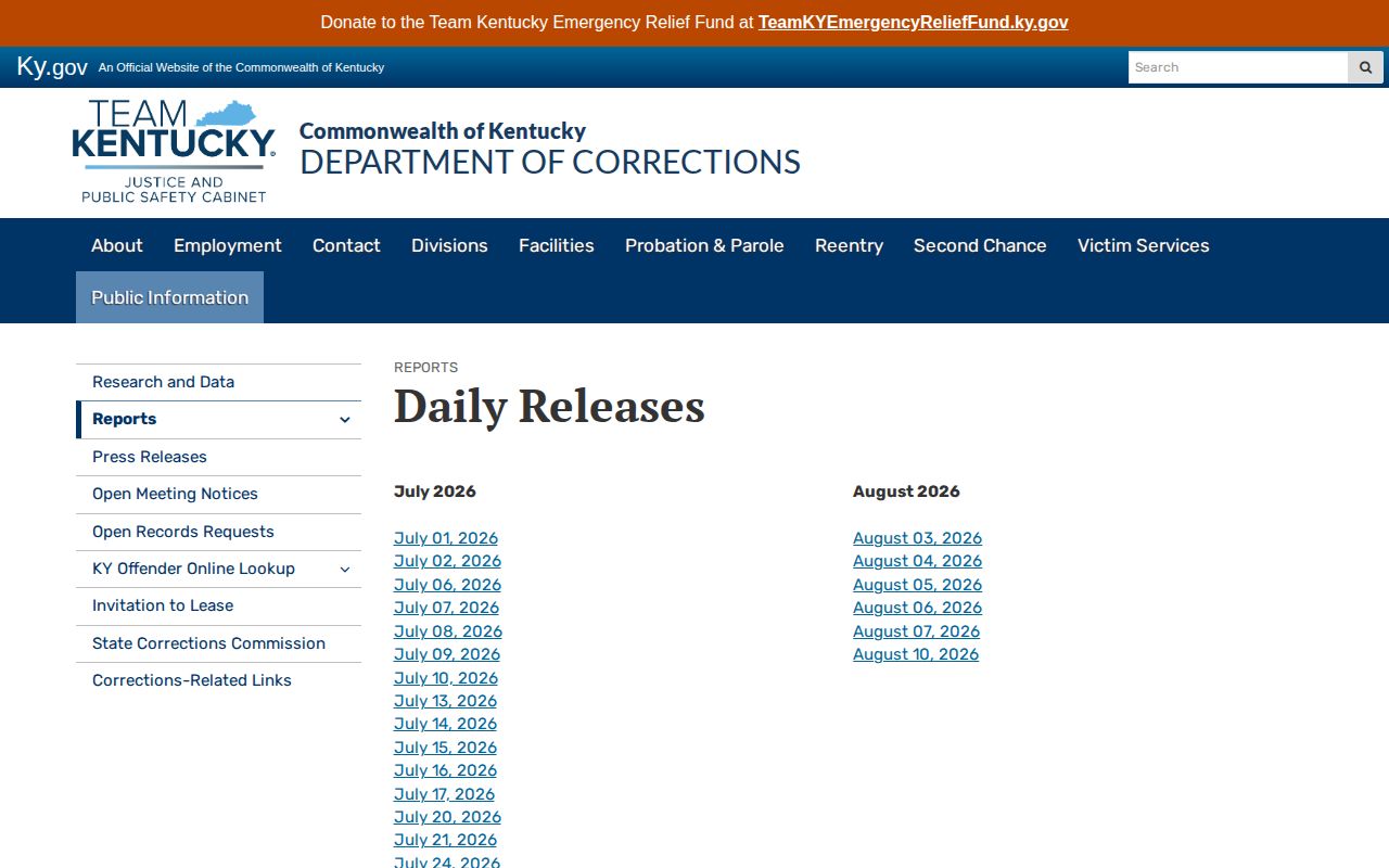 Kentucky released inmates dated KDOC release reports