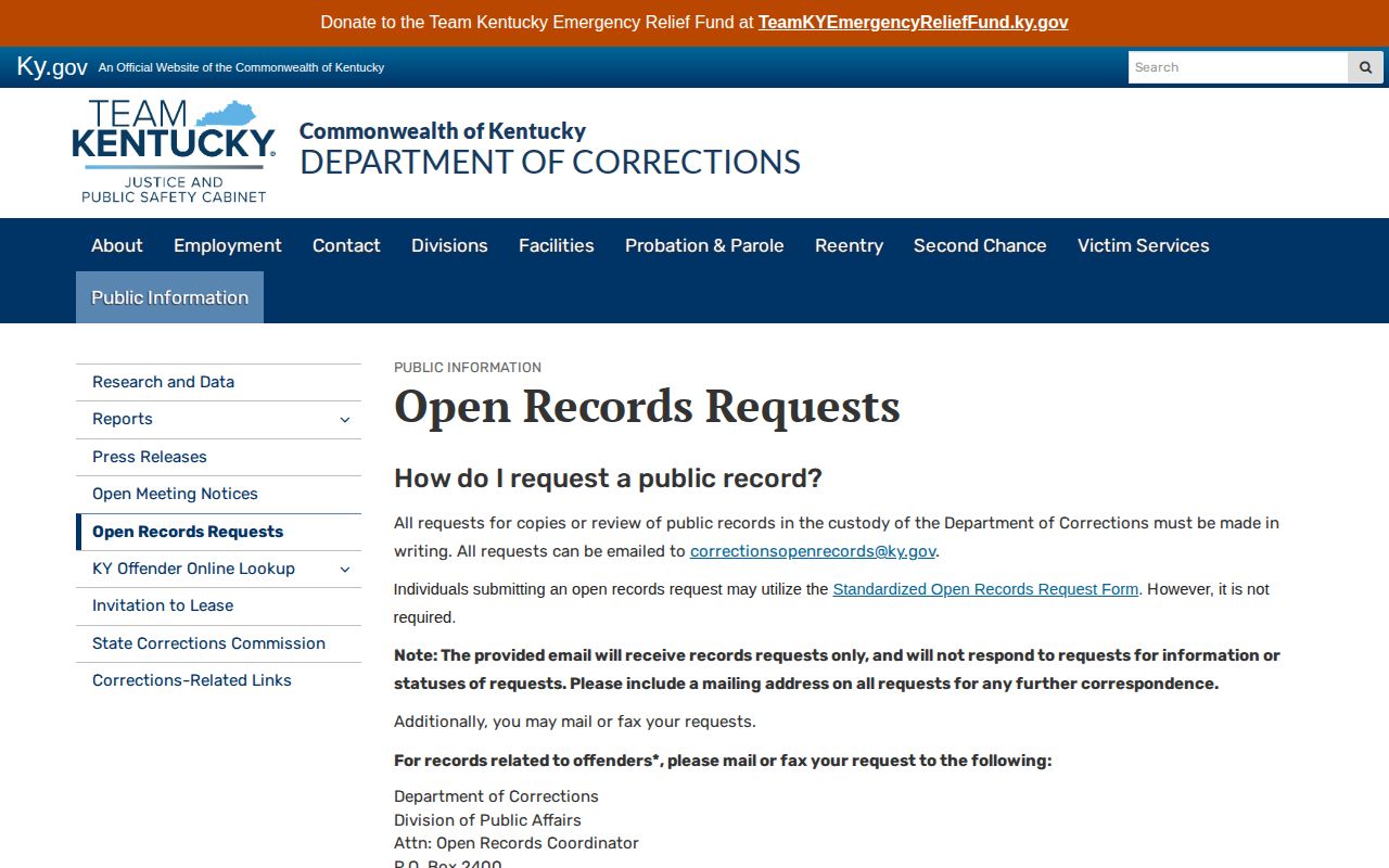 Kentucky released inmate KDOC records request page