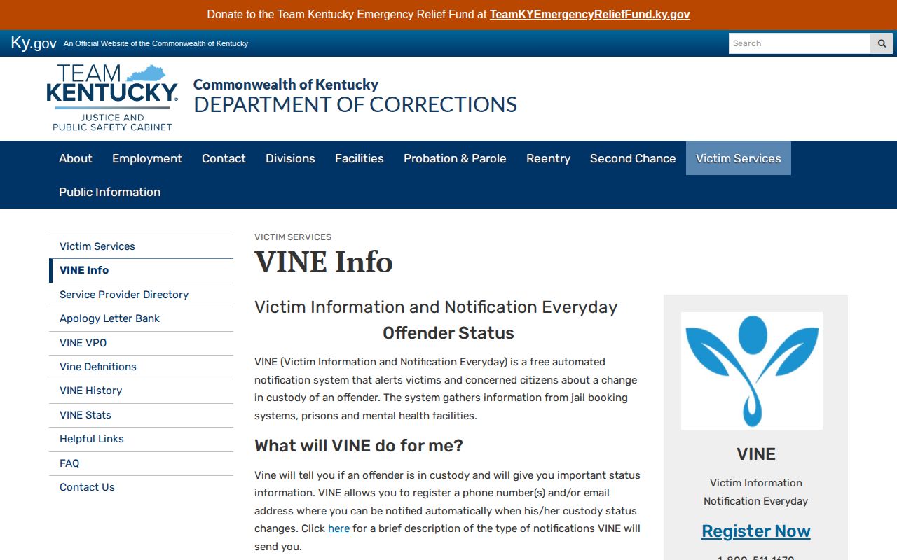Kentucky released inmate VINE scope and registration