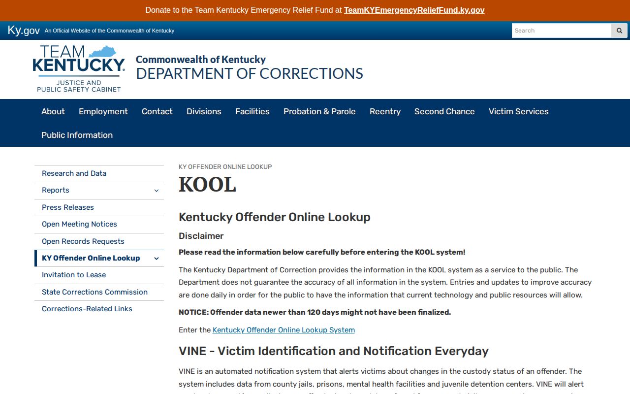Kentucky released inmates official KOOL search gateway