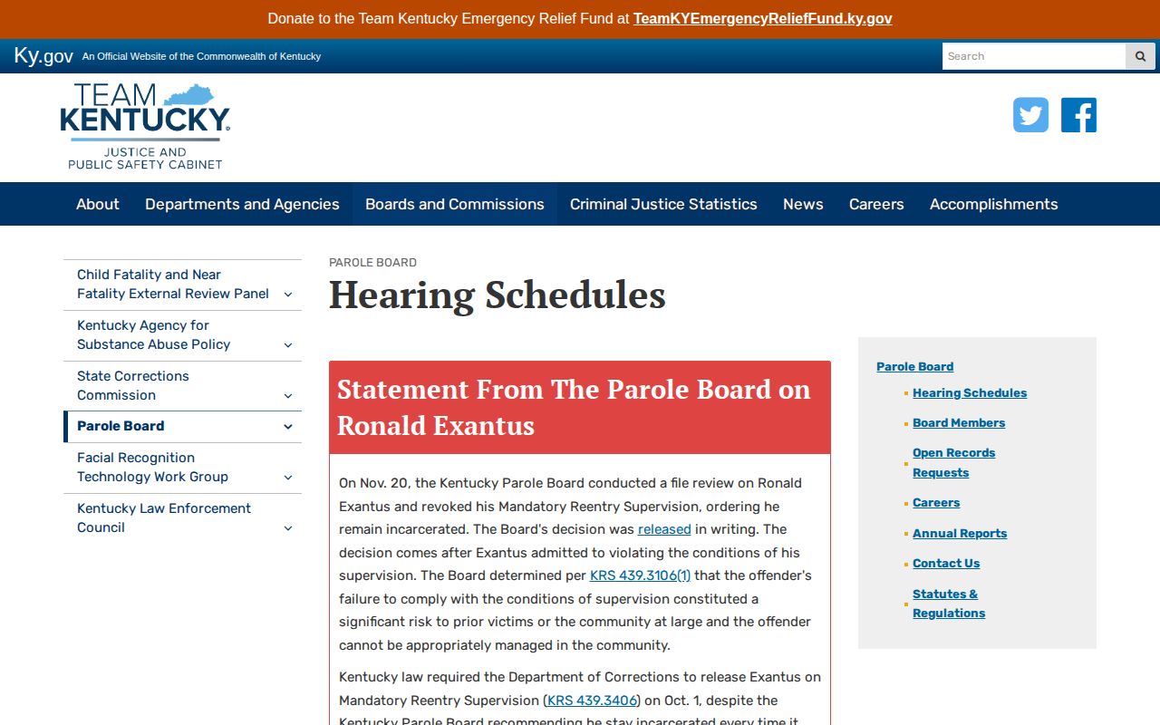 Kentucky inmate release parole schedule and eligibility lists